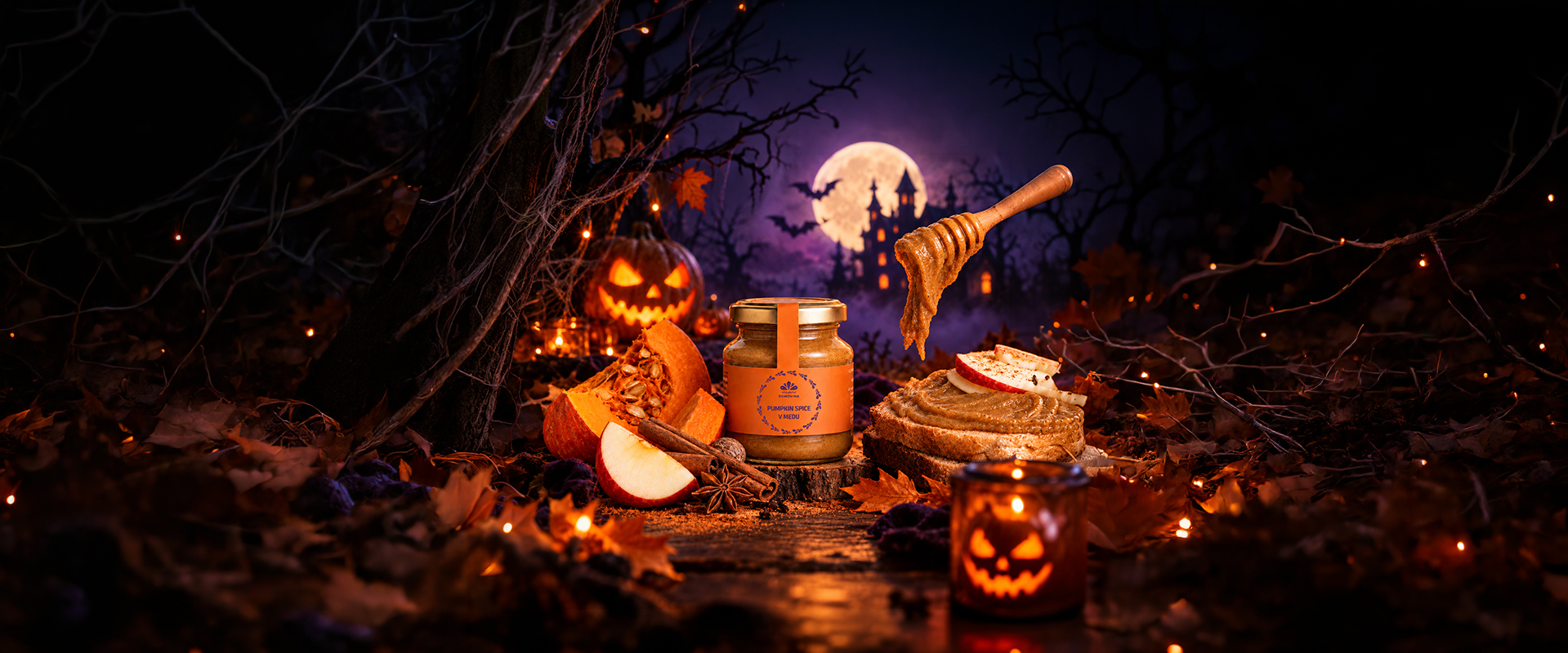Pumpkin Spice v mede v halloweenskej scéne s tekvicami